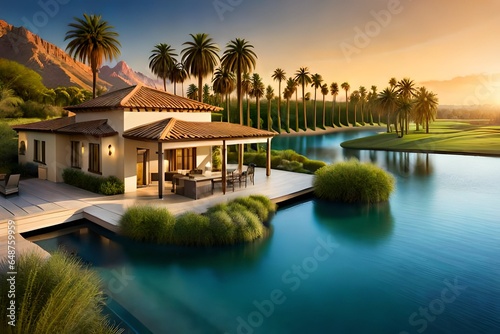 the elegance of a desert oasis, with lush palm trees, exotic wildlife, and crystal-clear water ponds © Izhar