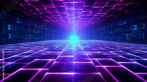 Neon glow cyan blue and purple perspective grid room, cyberspace, digital techonology and VR concept, retro future abstract background.