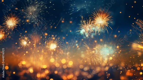 Golden fireworks on dark blue sky, celebration and happy new year concept abstract background illustration.