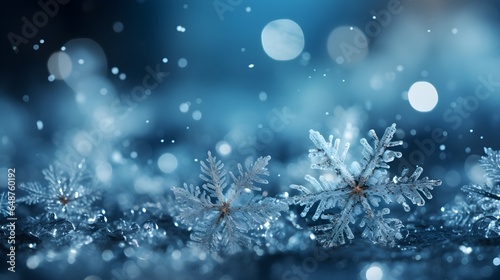 Christmas snowflakes background, blue color, glitter, bokeh, mockup  © Mockup Lab