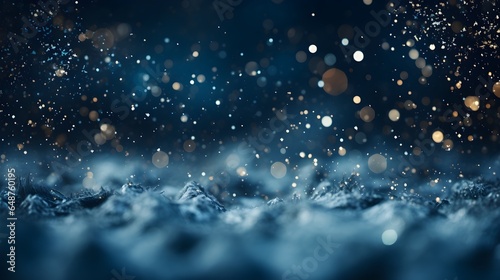Christmas snowflakes background, blue color, glitter, bokeh, mockup 