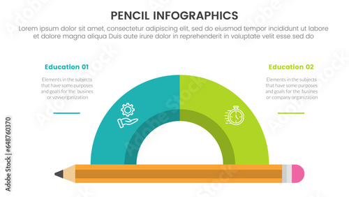 pencil education infographic 2 point stage template with half circle on top of pencil for slide presentation