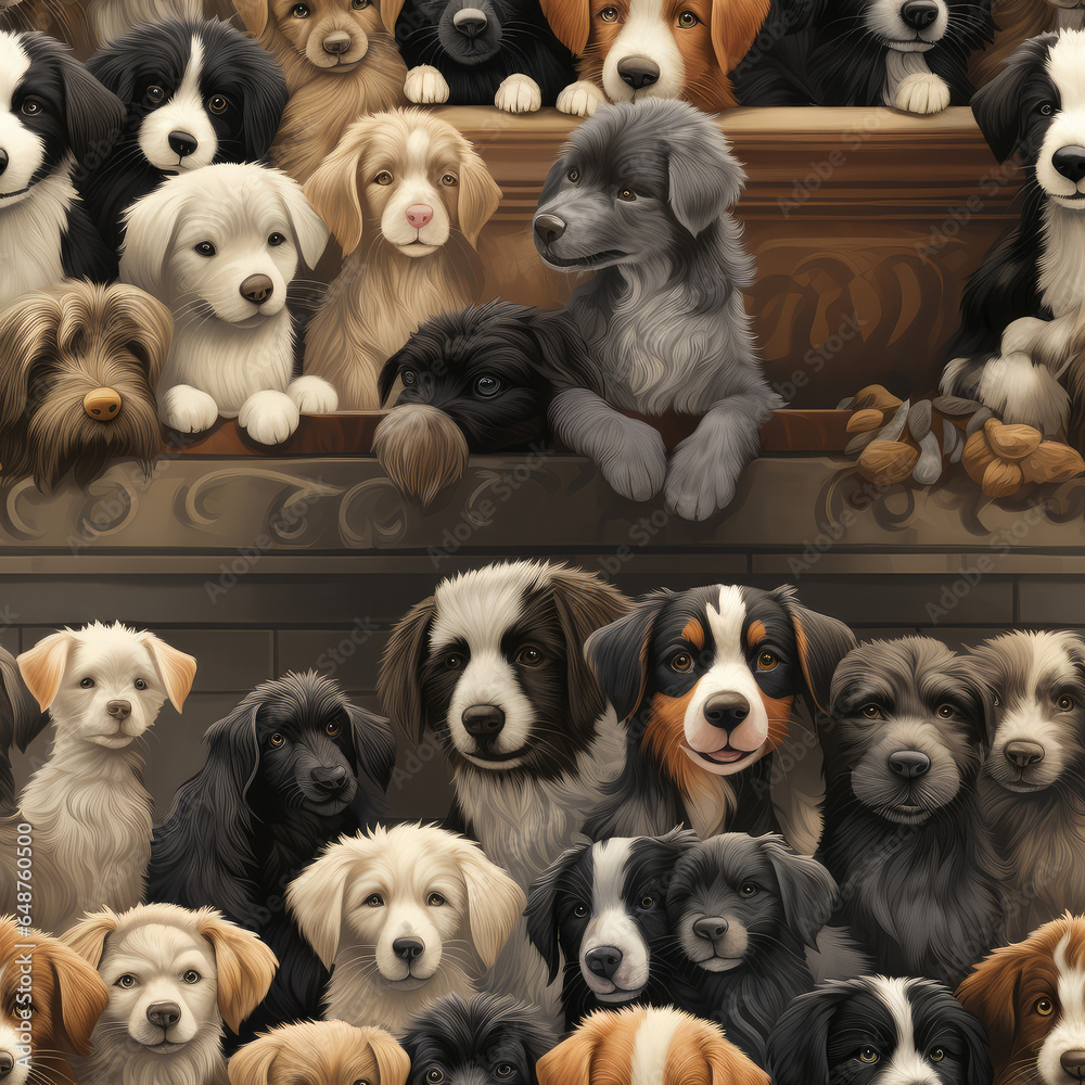 Puppies dogs oil painting cartoon repeat pattern