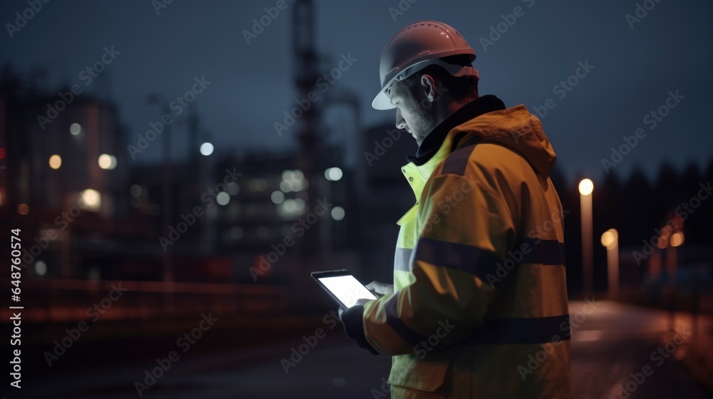 Electrician at Construction site looking at tablet, person from back view, Metal construct skeleton background, night time Electrician at Construction site looking at tablet, person from back view, Metal construct skeleton background, night time