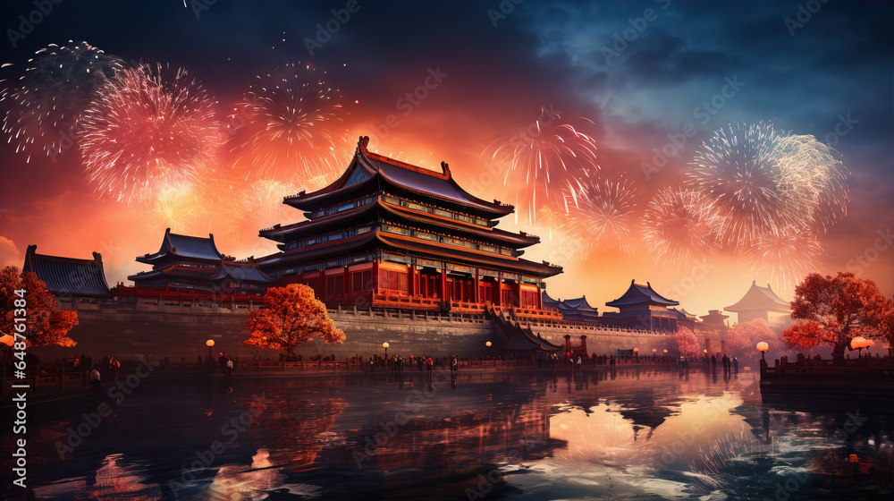 China National Day ancient building background,created with generative ai tecnology. - obrazy, fototapety, plakaty 