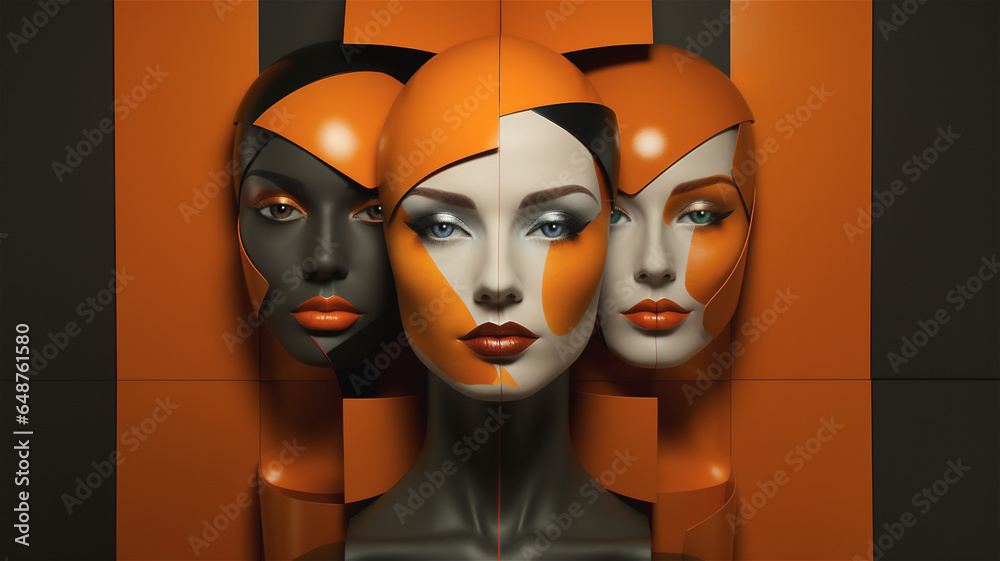 Surreal illustration of three fashion models wearing orange makeup and skullcaps. Orange backdrop. Surreal illustration of three fashion models wearing orange makeup and skullcaps. Orange backdrop.