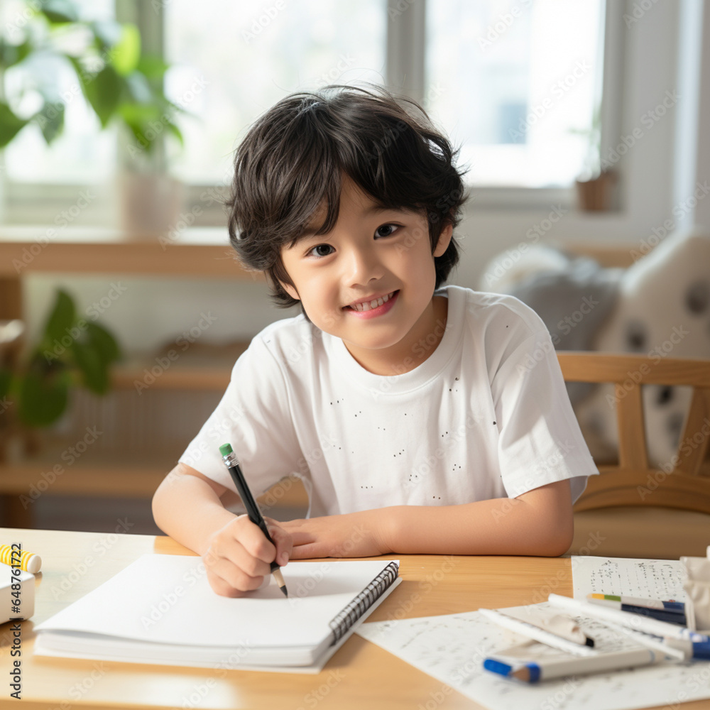 勉強する小学生の男の子 AI生成 勉強する小学生の男の子 AI生成
