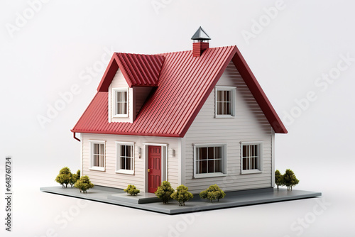 small gable roof house with a red roof over a white background photo