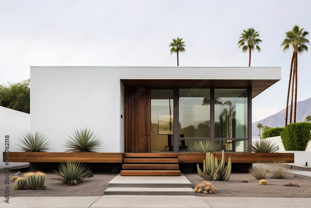 modern house with tall windows with palm trees on the back