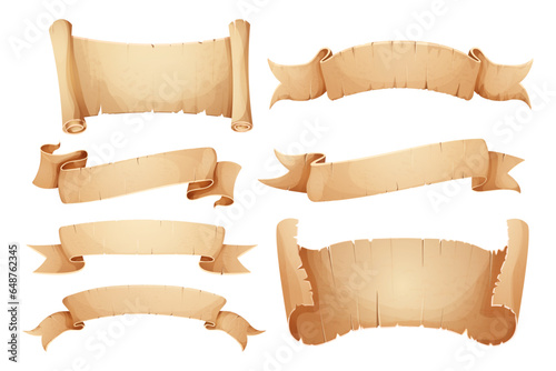 Set Parchment paper scroll ribbon, old vintage banner game ui element in cartoon style isolated on white background.
