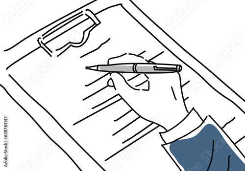カルテに記入する手のシンプル線画イラスト