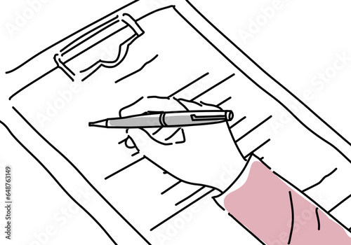 カルテに記入する女性の手のシンプル線画