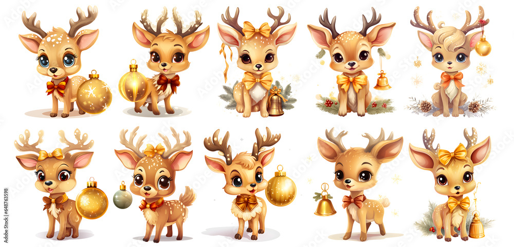 Fototapeta premium set of cute christmas deer with golden bell on transparent isolated background for invitation card, generated ai