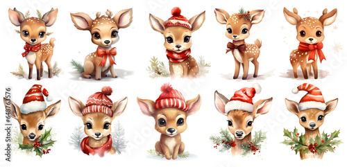 set of cute christmas deer with mistletoe on transparent isolated background for invitation card, generated ai