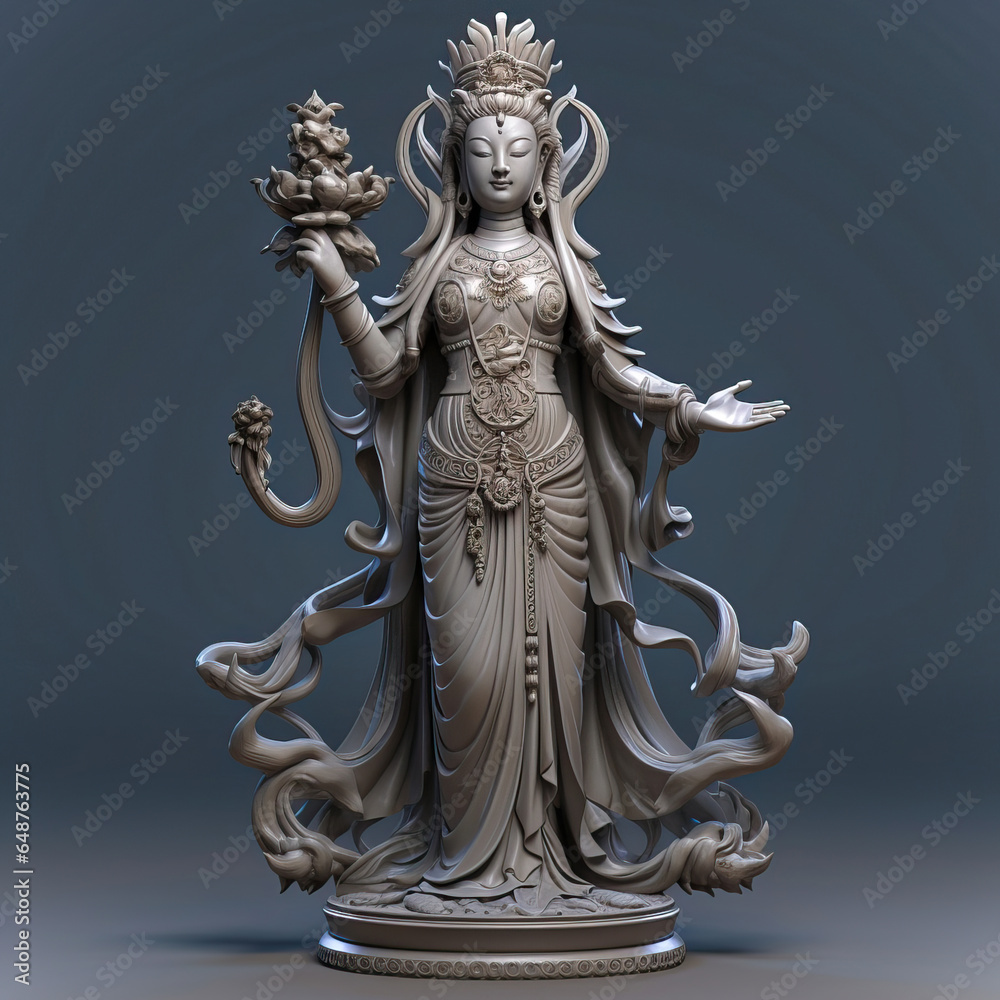 Oriental Gods and Buddhas 3d Sculpture,Mystical Goddess: A Stone Sculpture in the Clouds