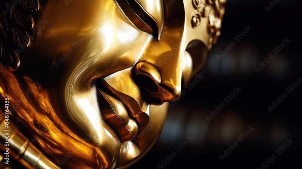 Obraz premium Image of a golden-headed smiling sleeping Buddha face on a black background.