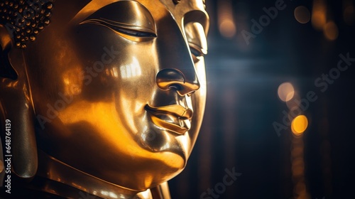 Image of a golden-headed smiling sleeping Buddha face on a black background.
