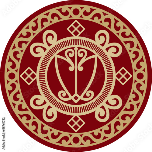 Vector red national Yakut circle. Round pattern of the indigenous peoples of the north, tundra, Chukchi, Nenets. Ethnic ornament of Siberian people
