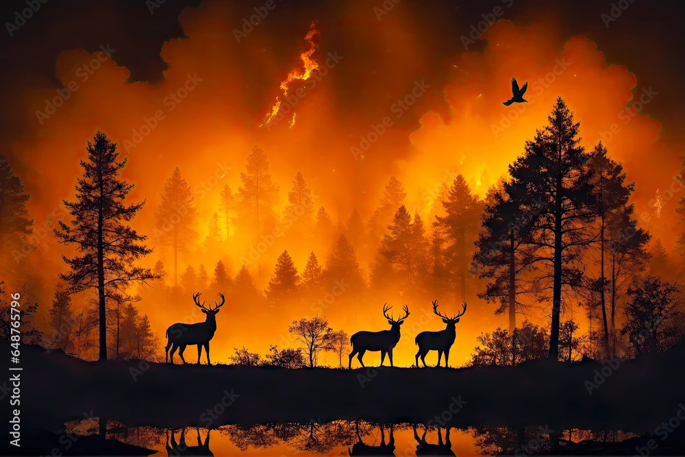Nature Dilemma, Silhouette Animals in Forest Fire Exposure, AI Generated