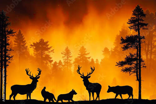 Nature Struggle, Silhouette Wild Animals Amidst Forest Fire, AI Generated