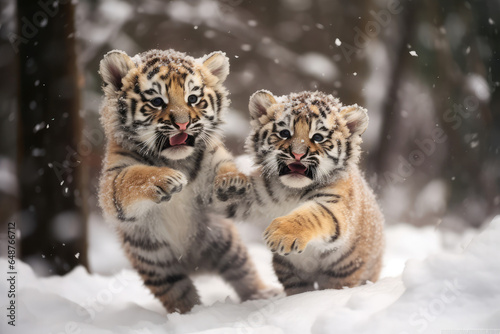 Two tiger cubs are playing in the snow