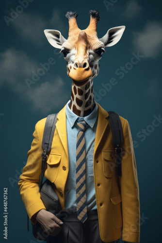 Giraffe in suit and pants with backpack ready for school, in yellow and pastel blue. Fashion and school concept