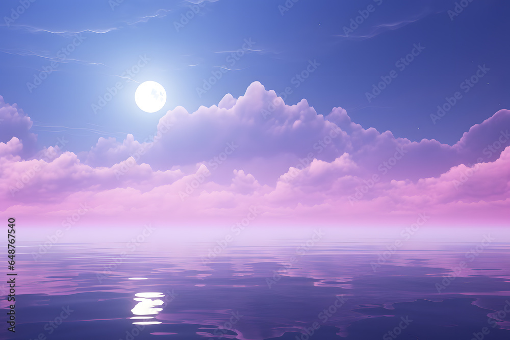 beautiful seascape with clouds and the sun reflected in the water, purple and pink colour theme