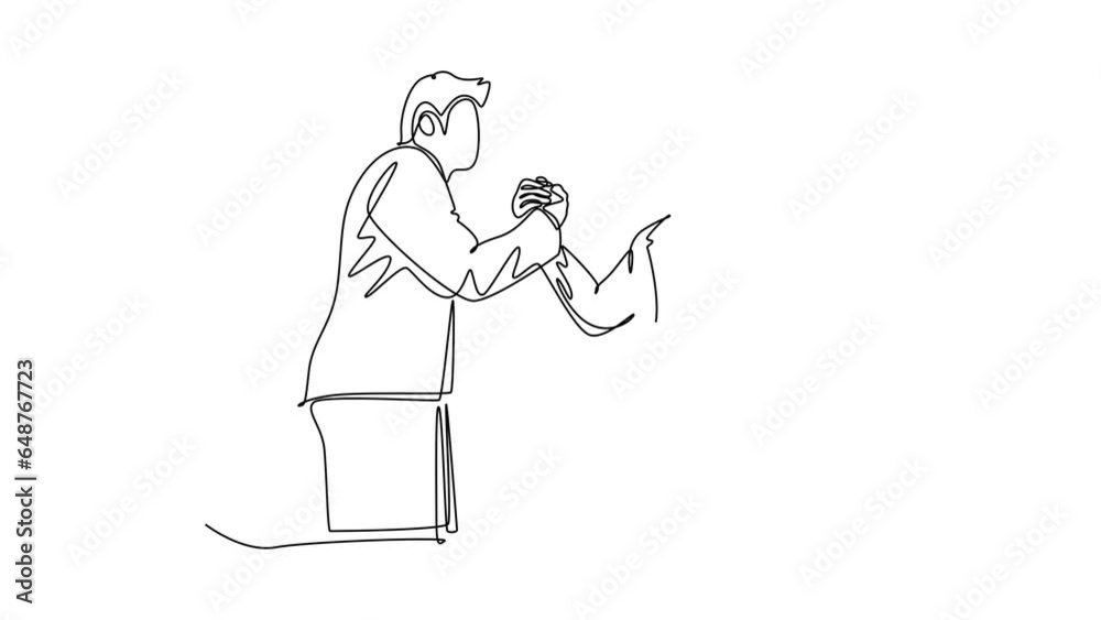 Self drawing animation of single line draw young business man handshake his partner or colleague to deal a big project. Business meeting cooperation concept. Continuous line draw. Full length animated Self drawing animation of single line draw young business man handshake his partner or colleague to deal a big project. Business meeting cooperation concept. Continuous line draw. Full length animated