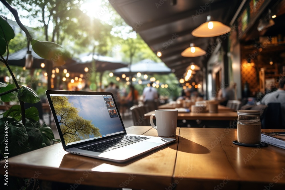 Notebook computer on wooden table, workspace in coffee shop Notebook computer on wooden table, workspace in coffee shop