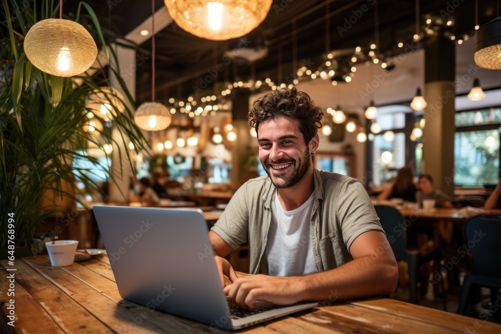 Laughing Mel freelancer, online blogger working on laptop computer in coffee shop.