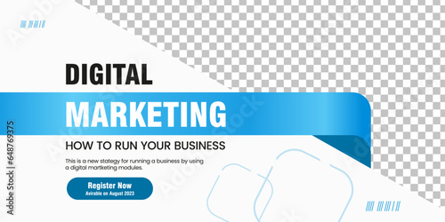 Digital matketing social media post template. Modern banner design with blue color ribbon decoration and place for the photo template
