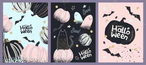 Happy Halloween Set of greeting cards, banners, posters, holiday covers. Trendy design with typography, painted dots, strokes, pumpkins, ghost, black cat, bats in pastel colors. Art minimalist style.