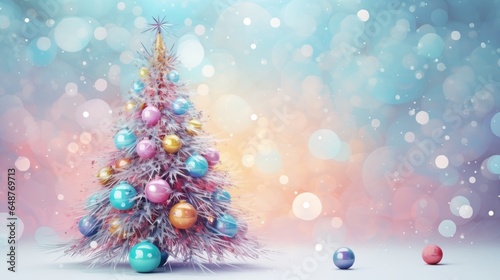 The minimalist concept of Christmas. Single Christmas tree. Colorful New Year decorations on the Christmas tree. Background blurred in various colors in the form of circles.