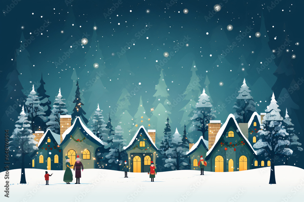 Fototapeta premium Christmas winter night landscape with snowy pine trees, houses and people. Generative ai