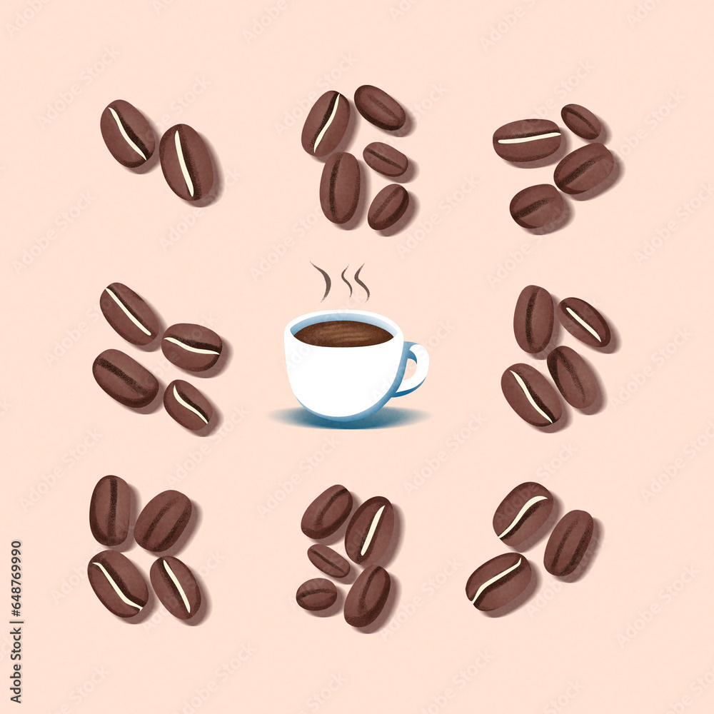 Obraz premium 珈琲とコーヒー豆のイラスト