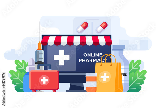 People buying pills, bottles, vitamins, medicaments in online pharmacy concept flat illustration vector template, Prescription medicines order, Pharmacy store, Healthcare and treatment