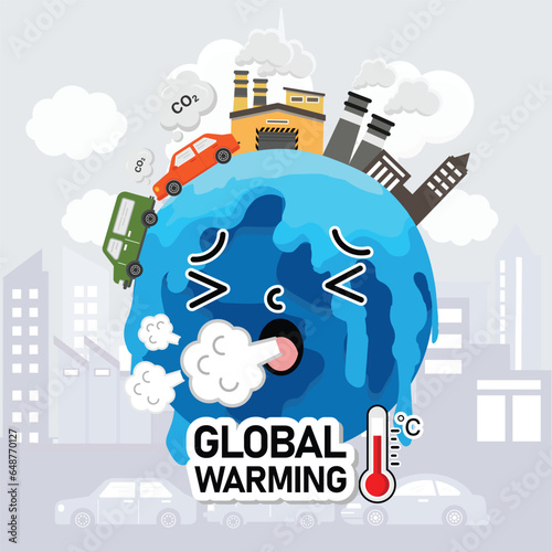  Global warming from Air pollution increase temperature earth. Climate change Global warming concept vector illustration. .