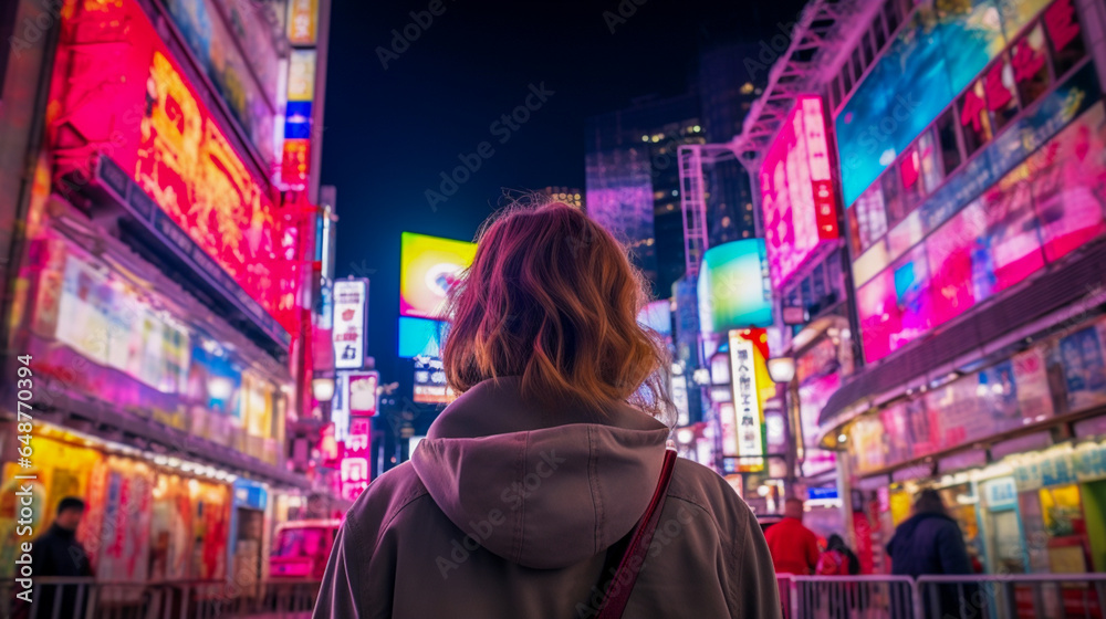Tourist exploring Tokyo neon streets, night, vivid colors, wide-angle perspective.