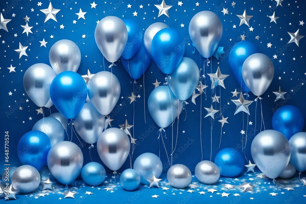 Space balloons photo zone with blue and silver stars for child kids birthday party decor. Holiday decoration. Children party background Space balloons photo zone with blue and silver stars for child kids birthday party decor. Holiday decoration. Children party background