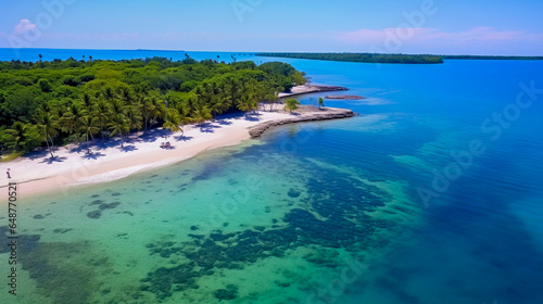 Tropical island hopping, clear blue waters, aerial view, vibrant beach colors. © Kosal