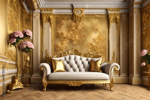 3d mural wallpaper Classic armchair in classic interior space.Walls with mouldings,ornate cornice Decorative columns and flowers Jewelery