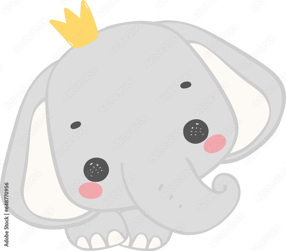 Fototapeta premium Cute elephant, kawaii baby elephant with crown