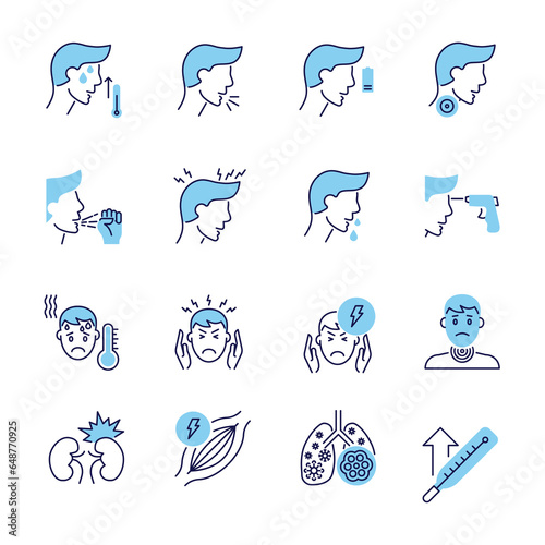 Coronavirus symptoms related vector icons set. Contains such Icons as headache, fever, high temperature, pneumonia, sore throat, cough, muscle pain, kidney failure, lungs Infection, fatigue
