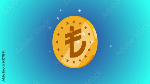 3D Glossy Turkish lira icon with sparkle effect isolated on blue gradient background. photo