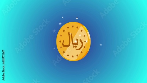 3D Glossy Islamic Riyal icon with sparkle effect isolated on blue gradient background. photo