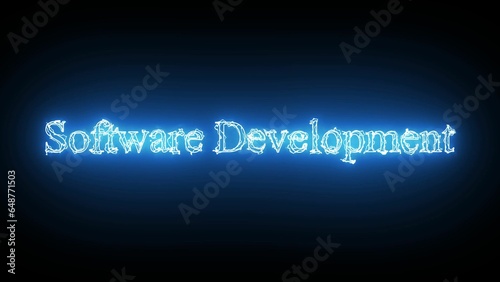 Abstract blue color neon glowing Software Development icon isolated on black background.