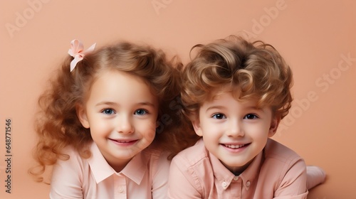 Portrait of a little boy and girl in pink shirts on a beige background