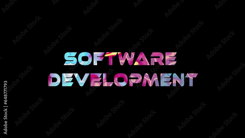 Software Development text on black background. Multicolored glossy technological word written on black.