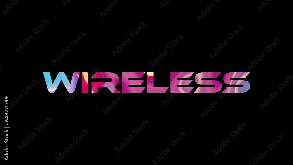 Wireless text on black background. Multicolored glossy technological word written on black.