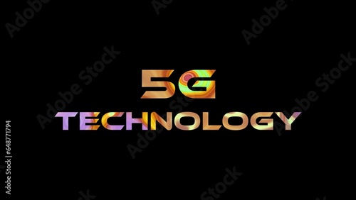 5G technology text on black background. Multicolored glossy technological word written on black.